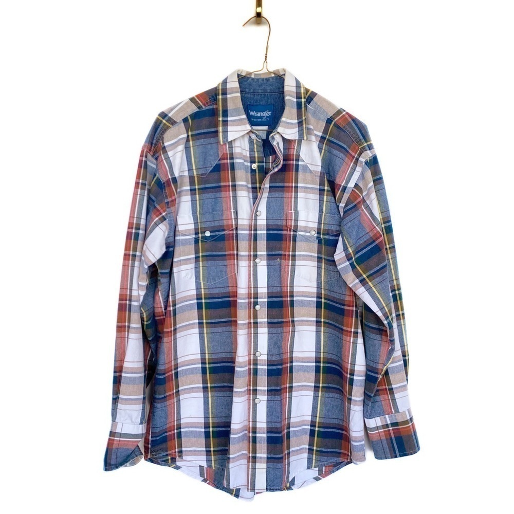 Vtg WRANGLER Western Plaid Pearl Snaps Button Down Shirt Mens size M